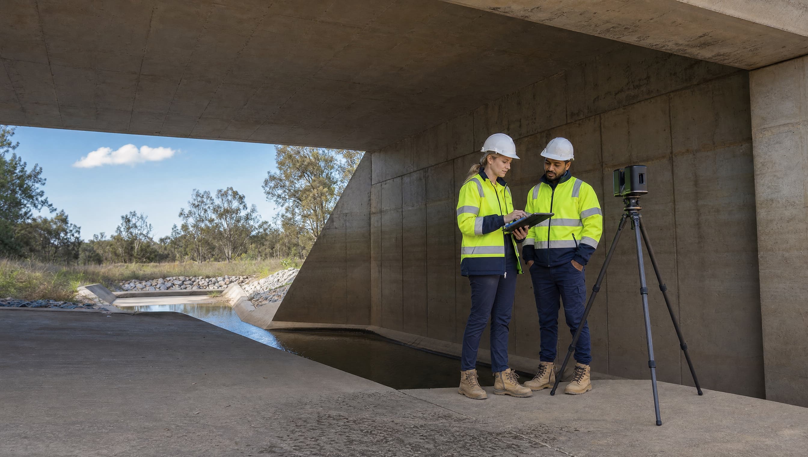 Infrastructure workers reviewing evidence beside a bridge and culvert.
