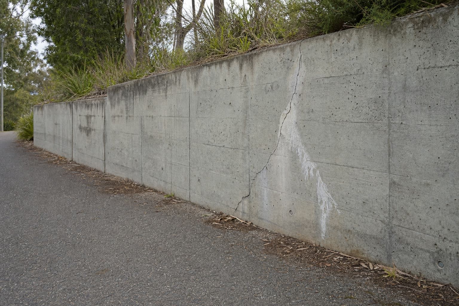 Concrete retaining wall with a visible vertical crack.
